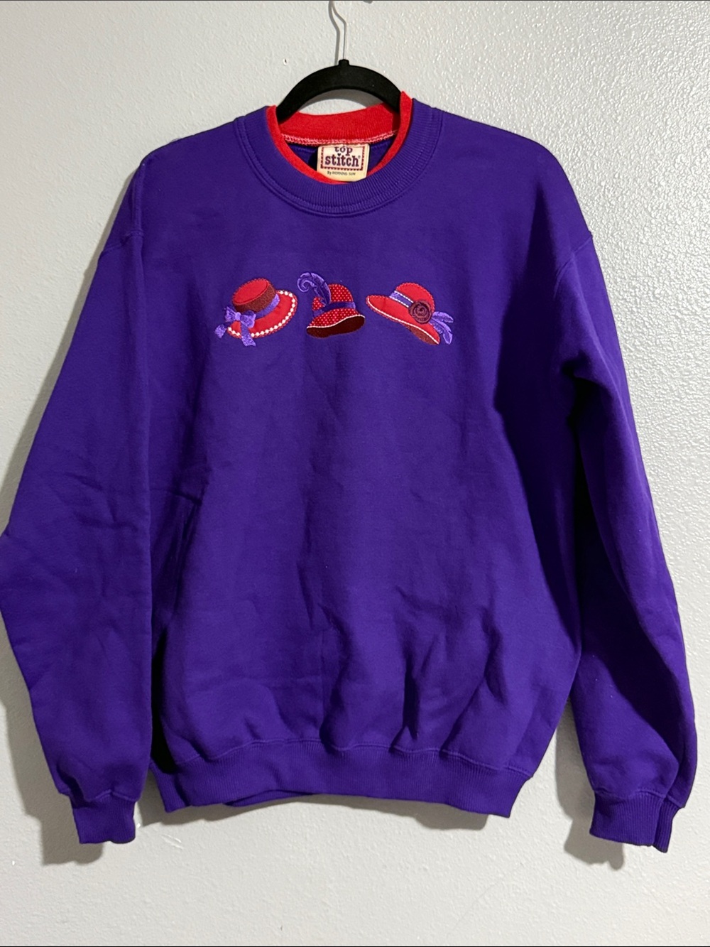 Vintage 90s Top stitch  Purple Crewneck Sweatshirt wRed Hat Embroidery Accents